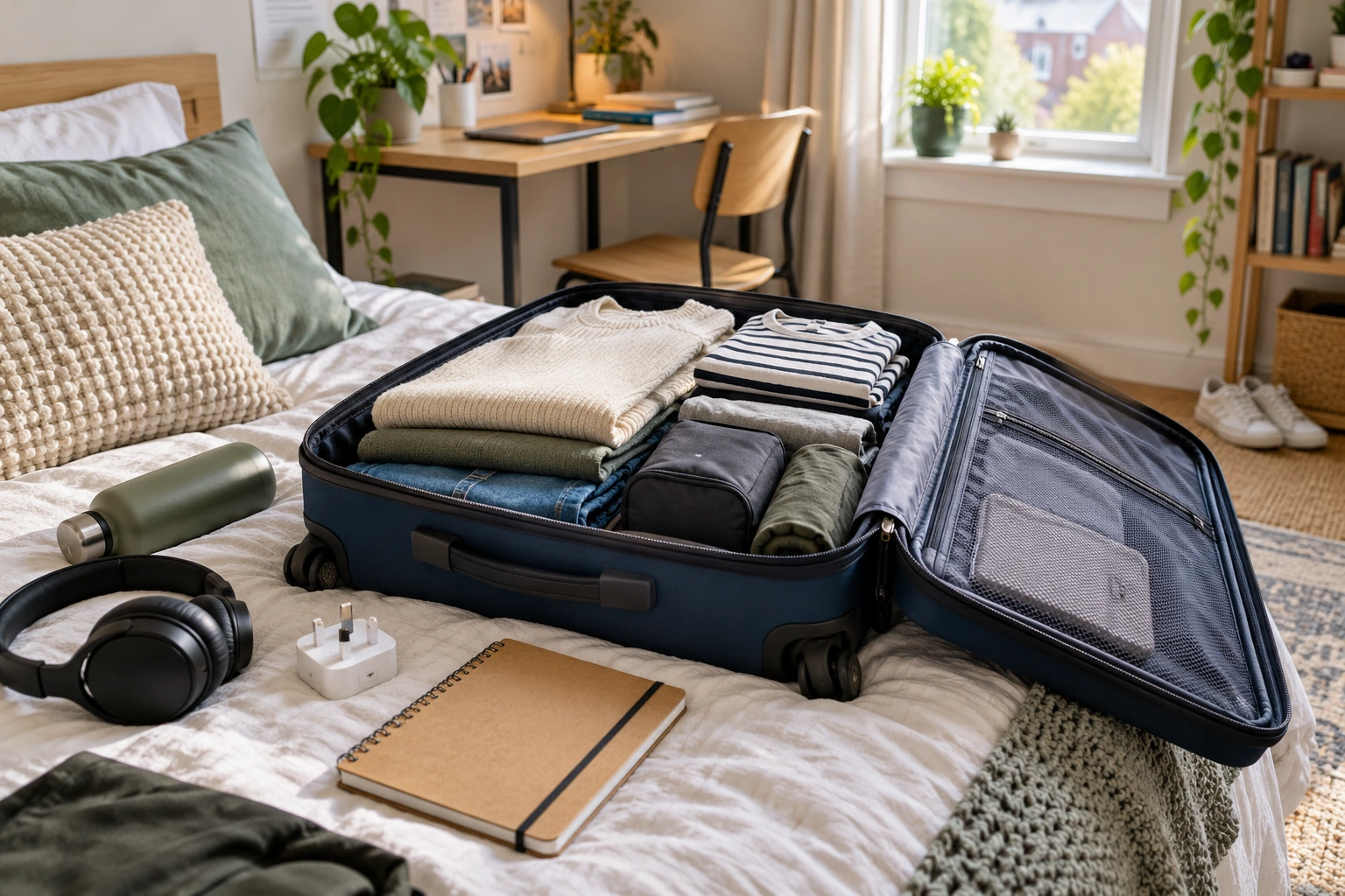 Illustration: Travel essentials and a packed suitcase