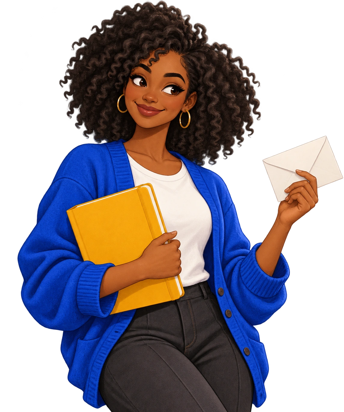 Tima, an illustrated newsletter character holding a notebook and envelope
